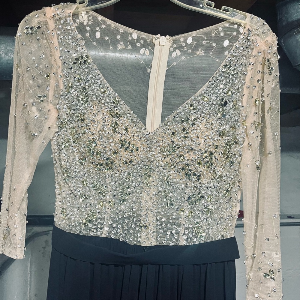 Embellished V-Neck Evening Dress in Nude and Black